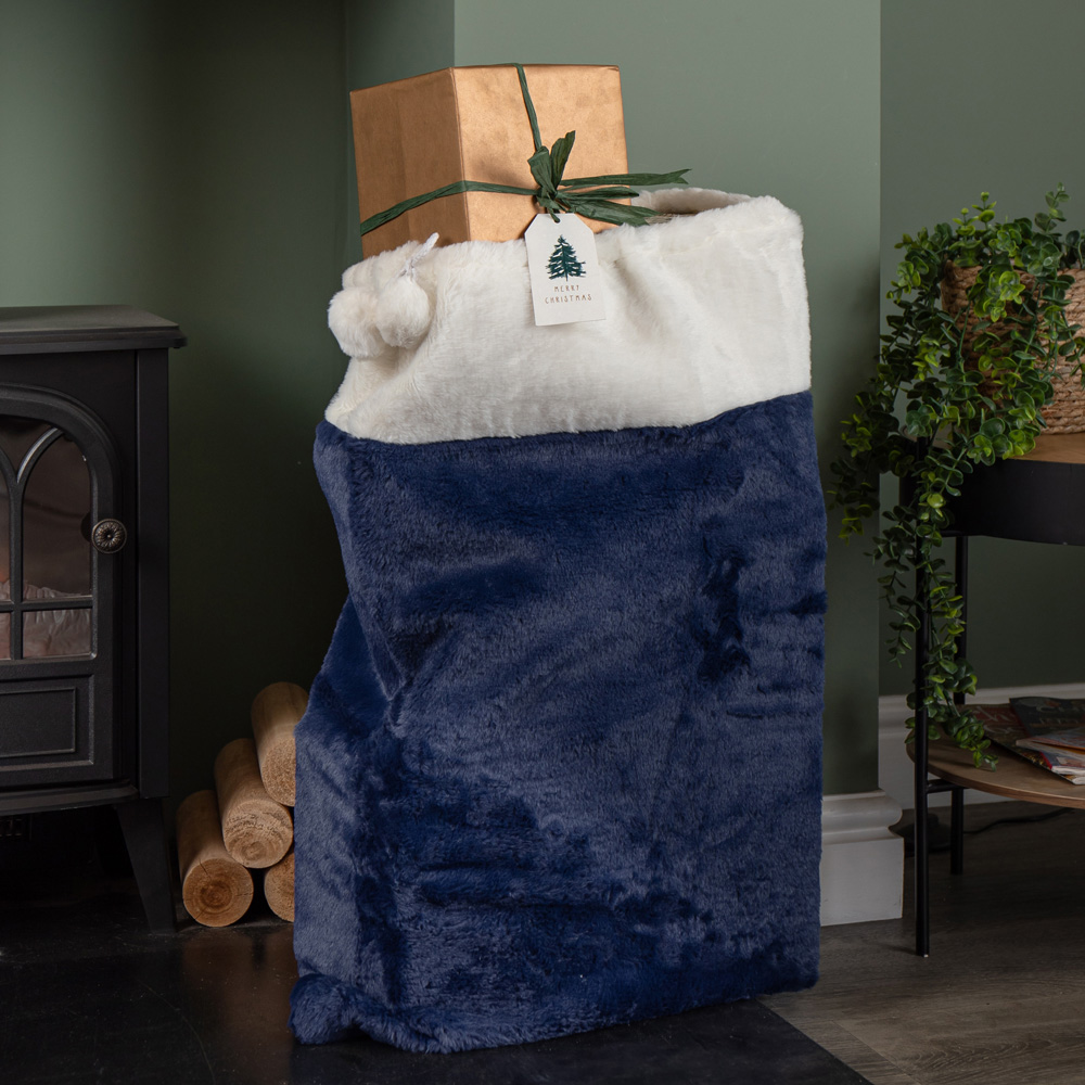 Samuel Alexander Blue Plush Christmas Sack with White Faux Fur Trim and Pom Poms 80 x 55cm Image 2