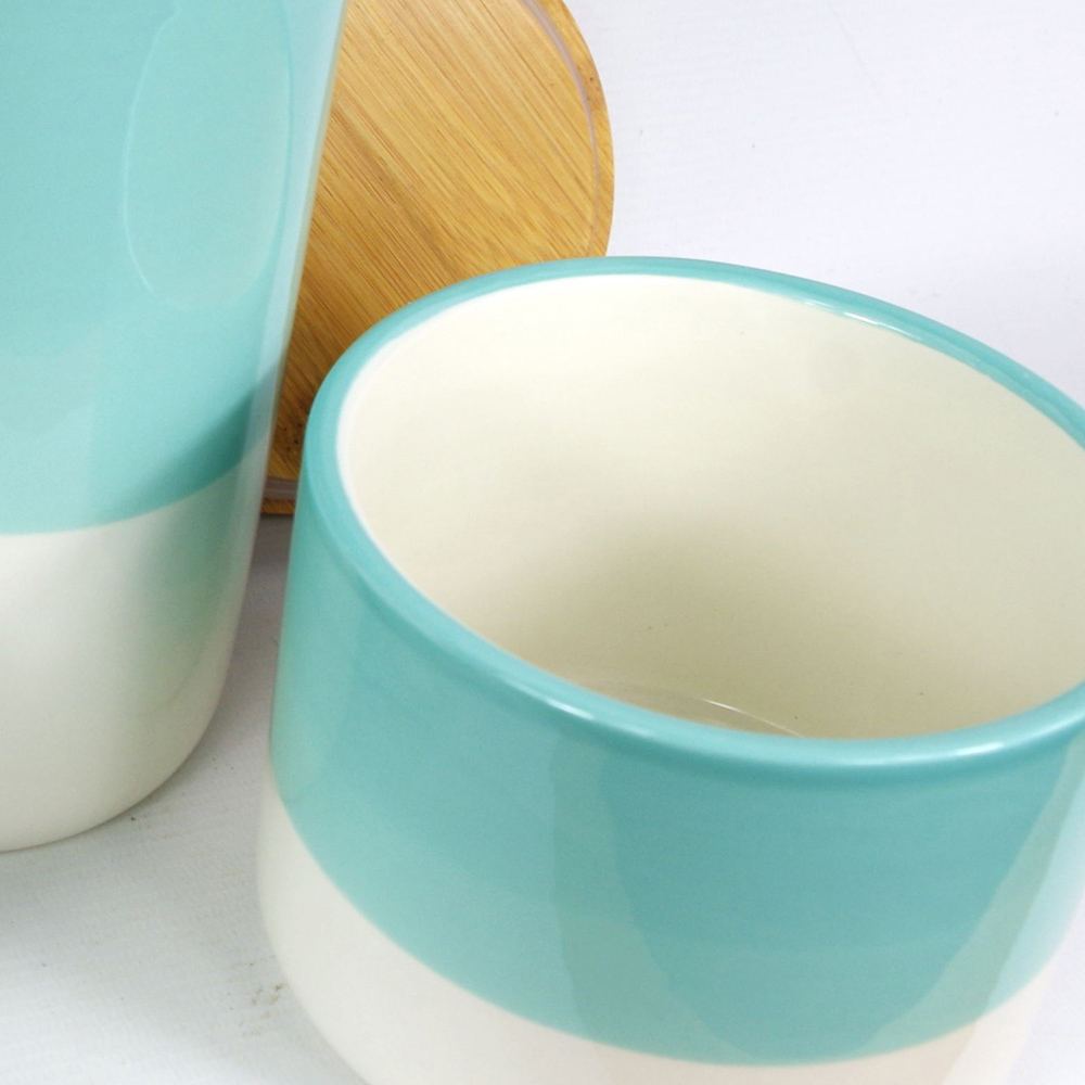 Leaf Set of 3 Aqua Green Ceramic Storage Jar with Bamboo Lid Image 2