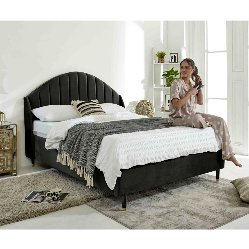 Eleganza Elysium Single Black Plush Velvet Bed Frame with Curved Winged Headboard Image 4