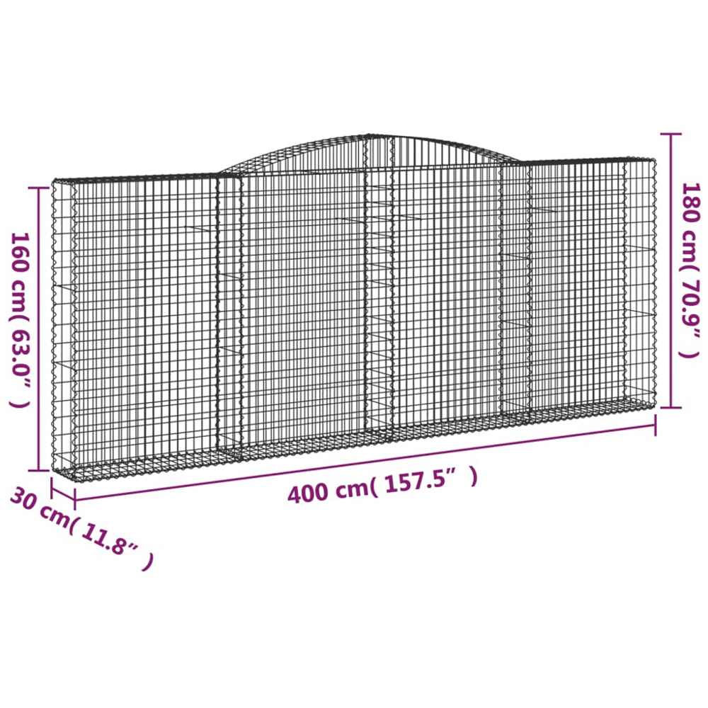 vidaXL Silver Galvanised Iron Arched Gabion Basket 160/180 x 30 x 400cm 3 Pack Image 5