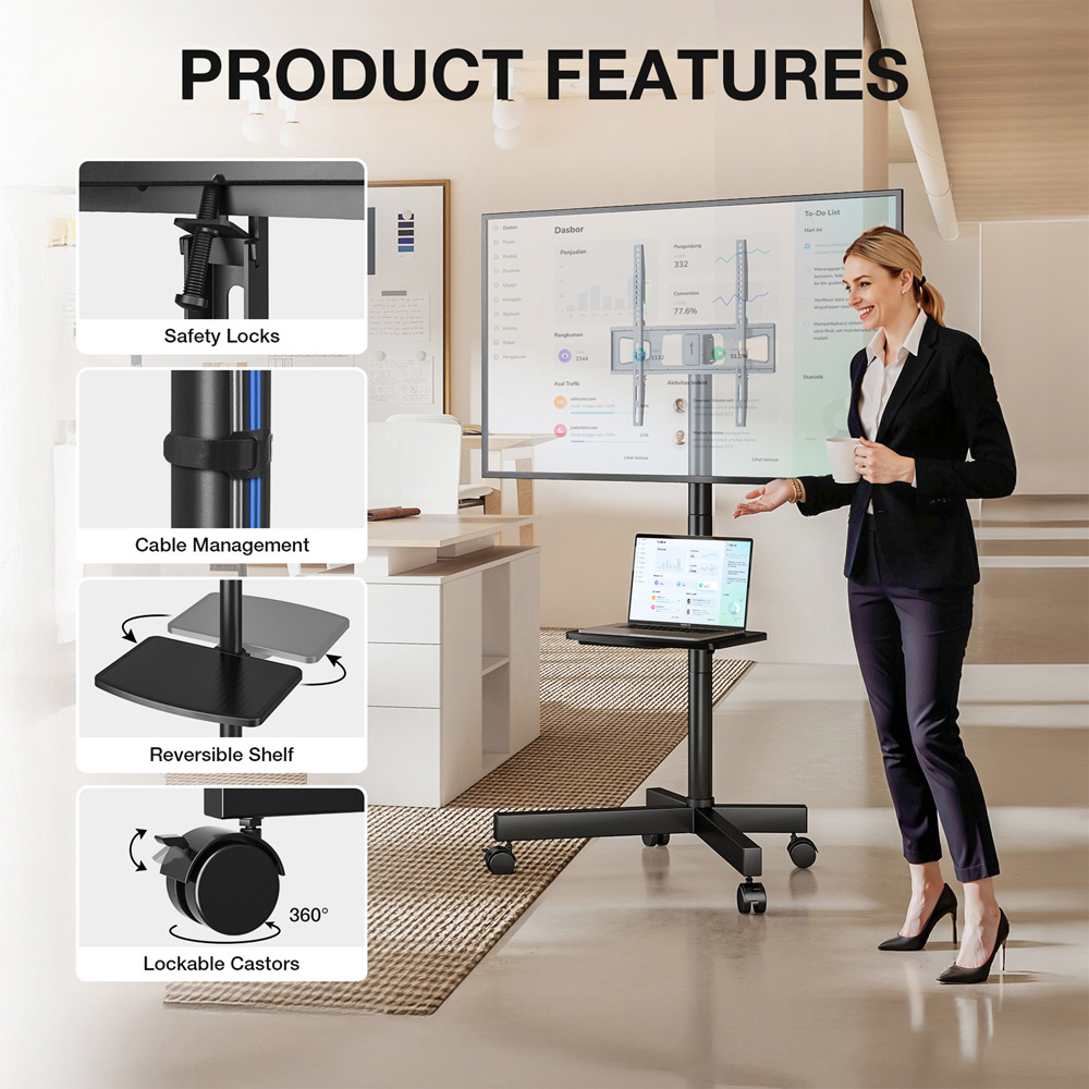TTAP Black Single Shelf TV Cart and Monitor Mount Stand Image 2