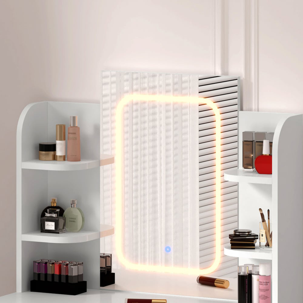 FurnitureHMD Single Drawer 4 Shelf White Wooden Dressing Table with Adjustable LED Mirror Image 5