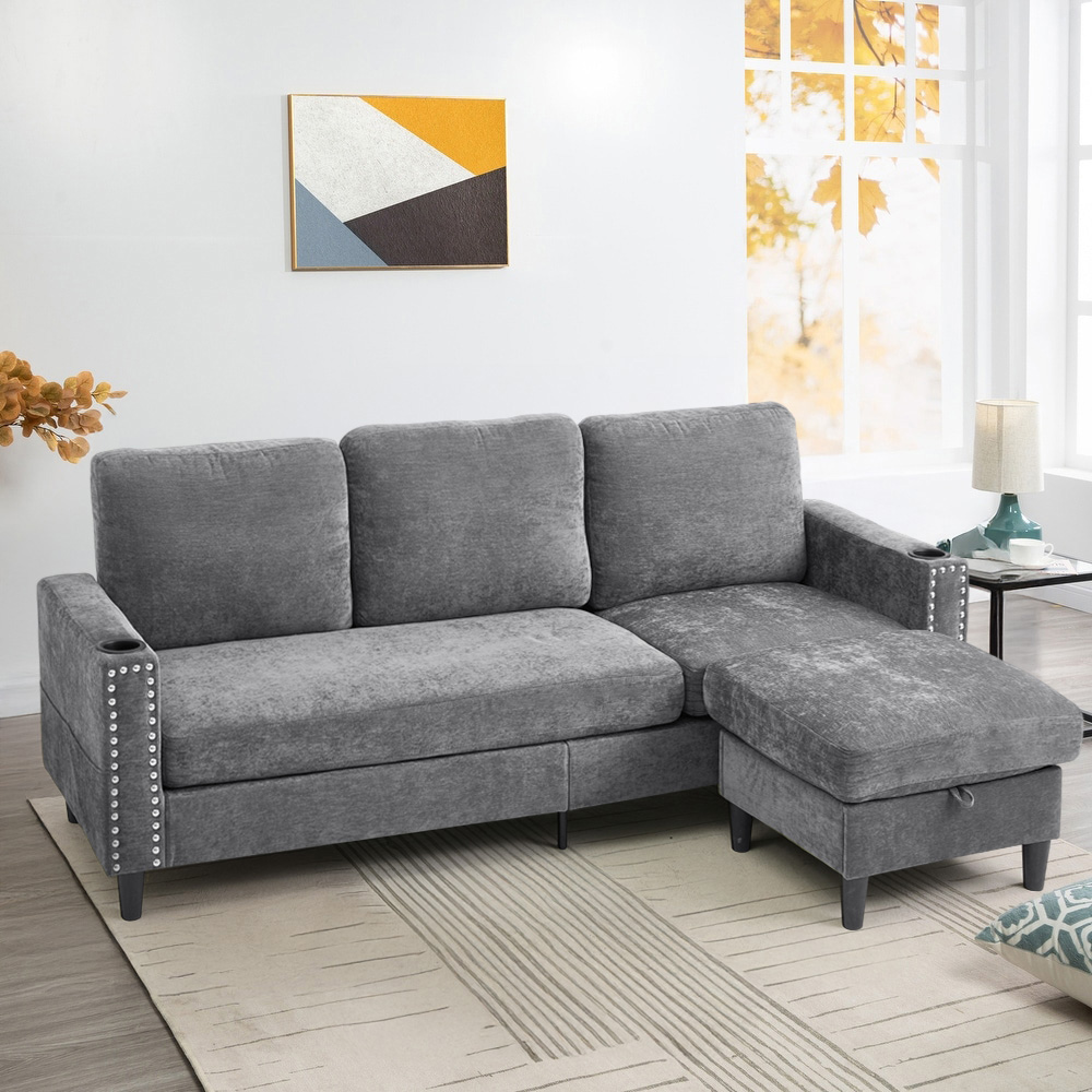 Living and Home 4 Seater Grey Chenille Sofa with Footstool and Cup Holders Image 7