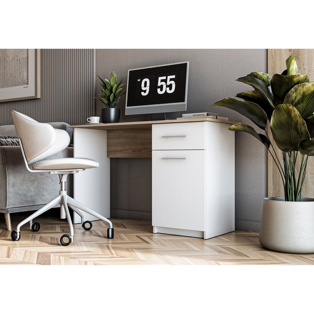 Kudl Mix Single Door Single Drawer Computer Desk Sonoma Oak and White Image 6