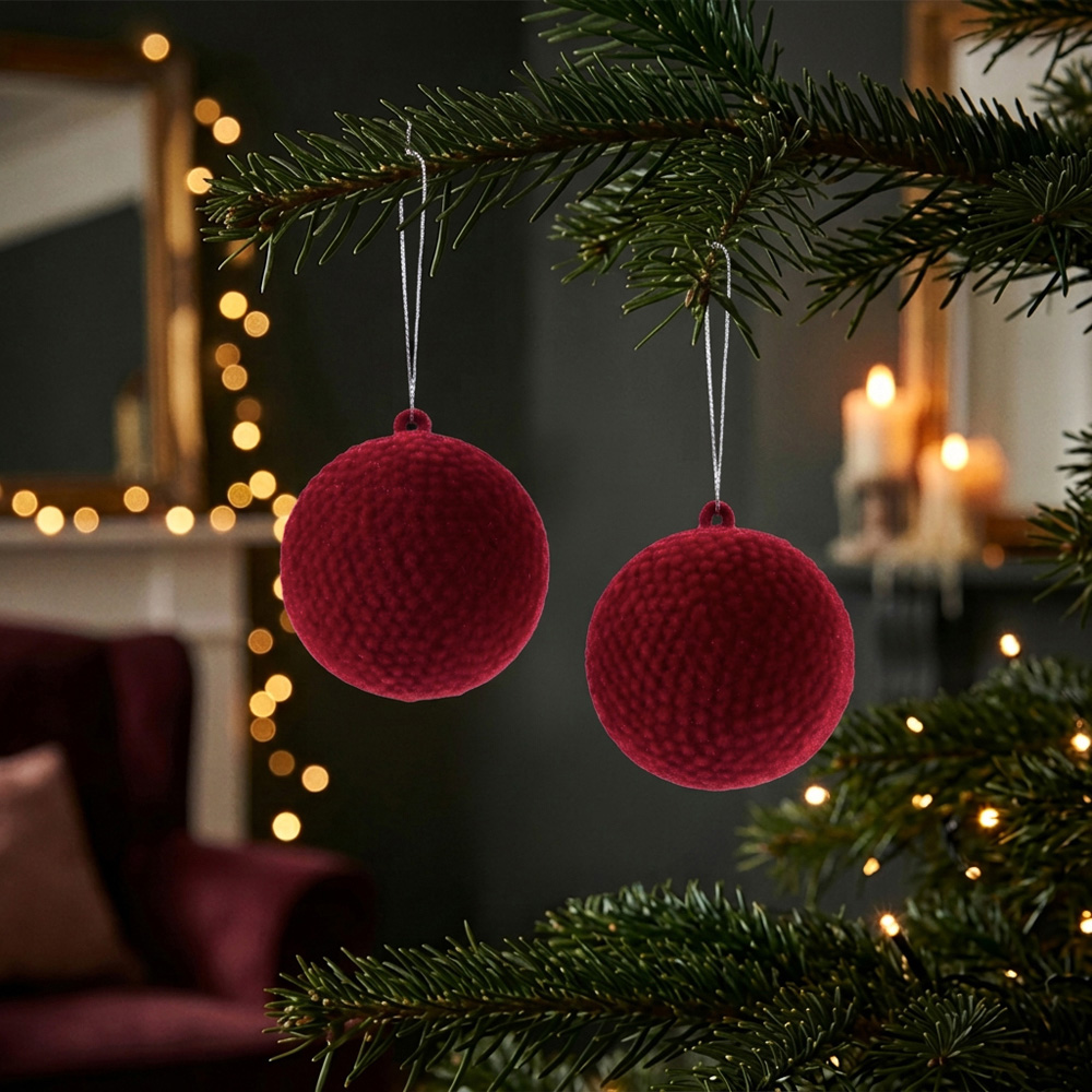 Set of 2 Flocked BaublesBurgundy Image 3