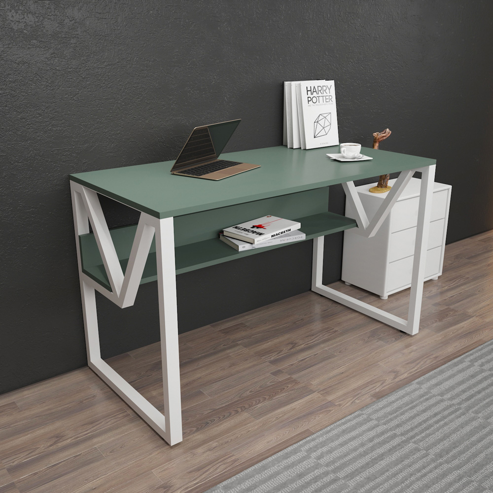 Decorotika Lona Single Shelf Study and Writing Desk Green and White Image 5