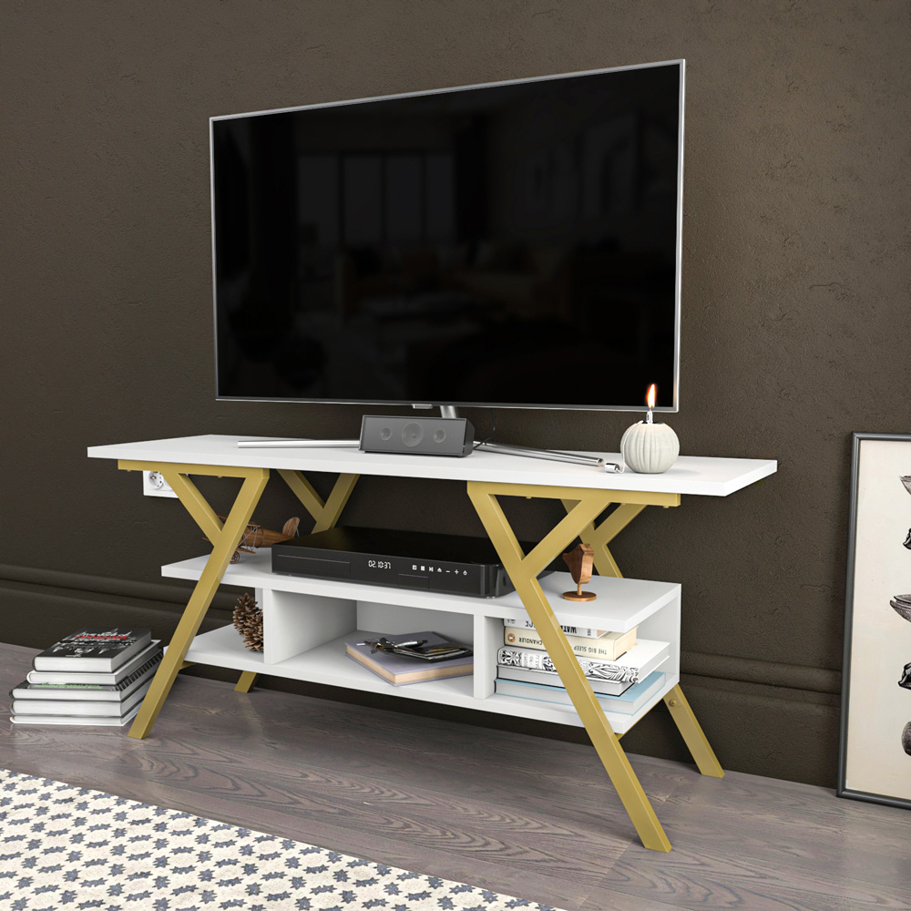Decorotika Minerva Decorative 4 Open Shelf Gold and White TV Unit Image 5