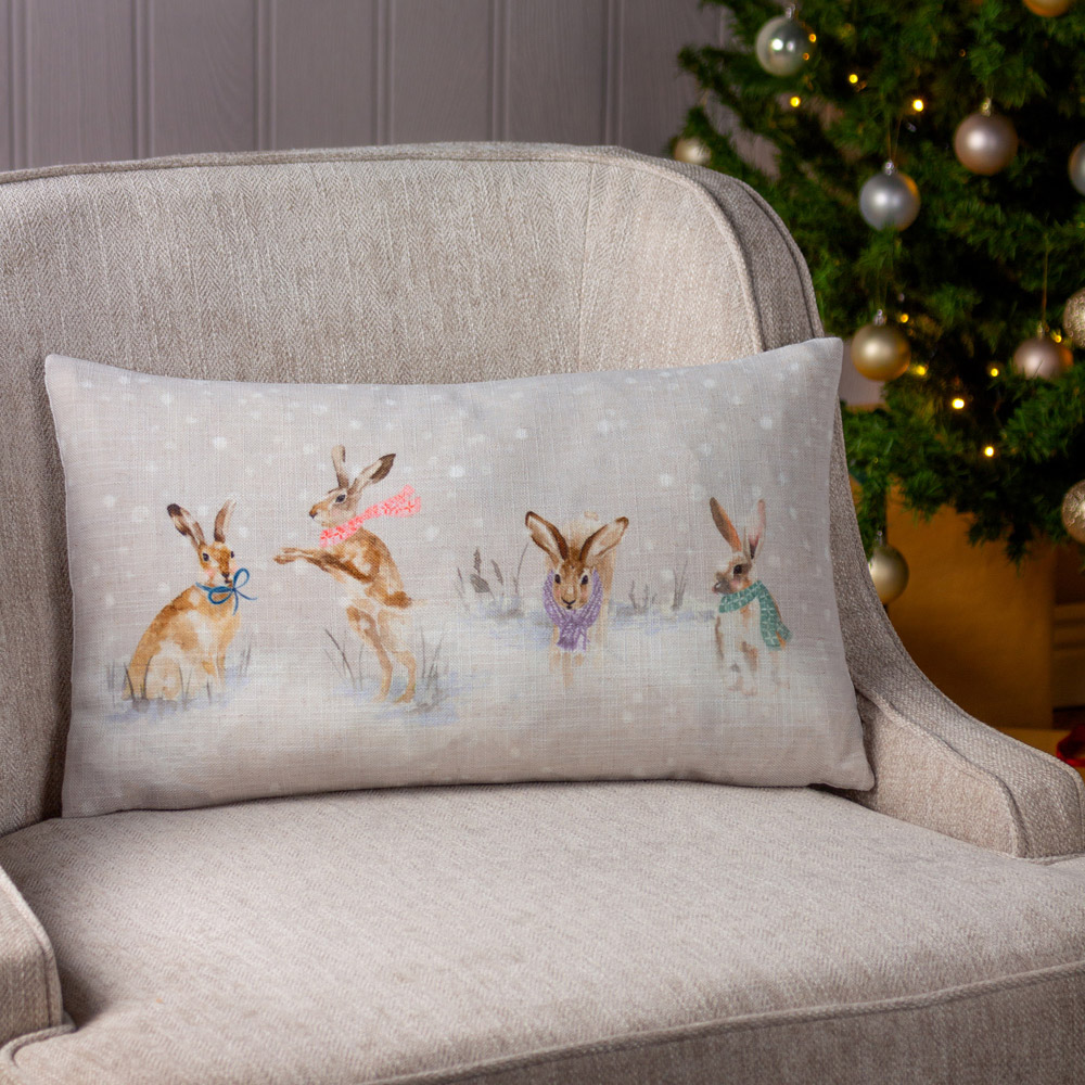 Evans Lichfield Multicolour Snowy Hares Watercolour Printed Reversible Cushion 30 x 50cm Image 2