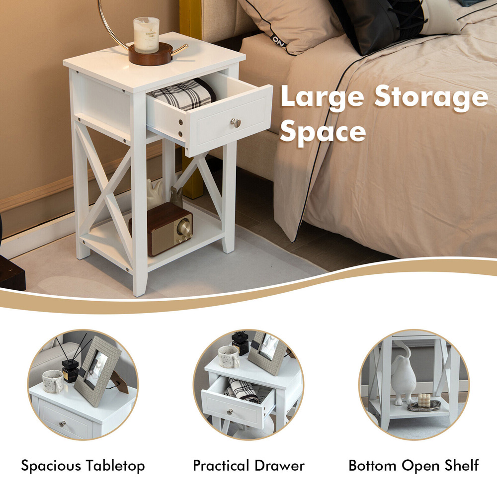 Costway Single Drawer Single Shelf White Modern X-Design Bedside Table Image 8