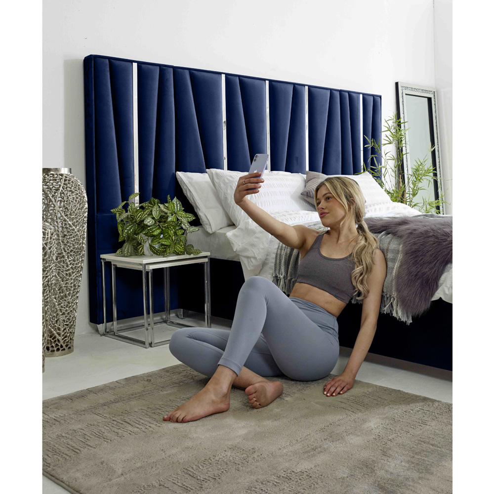 Eleganza Mila King Size Blue Plush Velvet Bed Frame with Lined Headboard Image 4