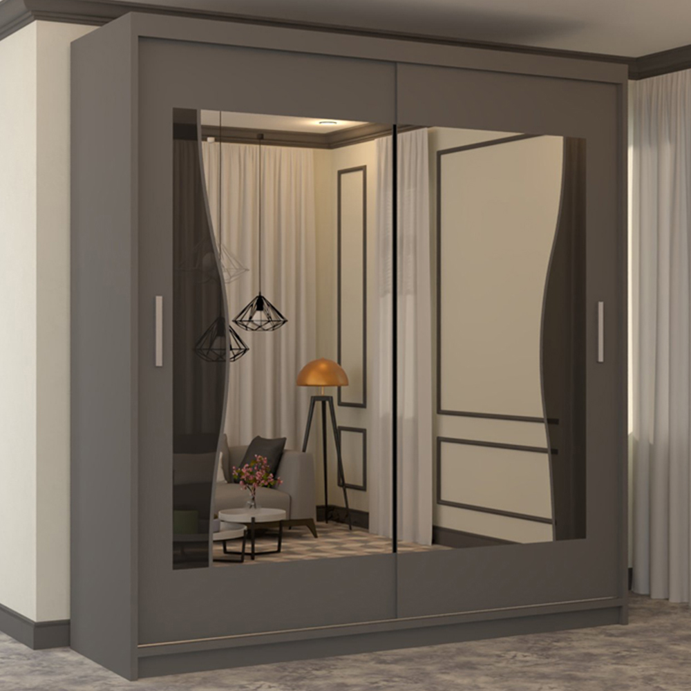 M N Furniture Banton 2 Door Grey Curved Mirrored Sliding Wardrobe 120cm Image 1