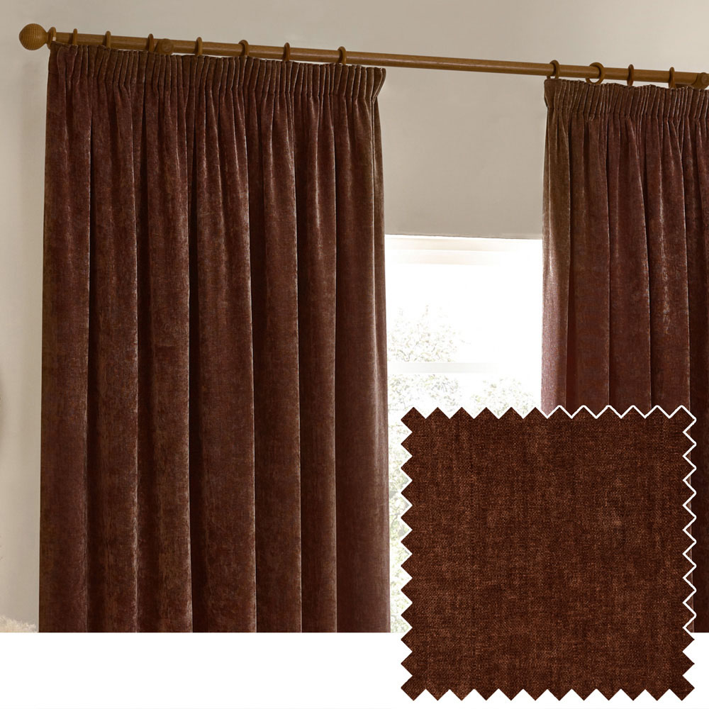 Yard Heavy Nutmeg Chenille Velvet Pencil Pleat Curtains 168 x 183cm Image 4