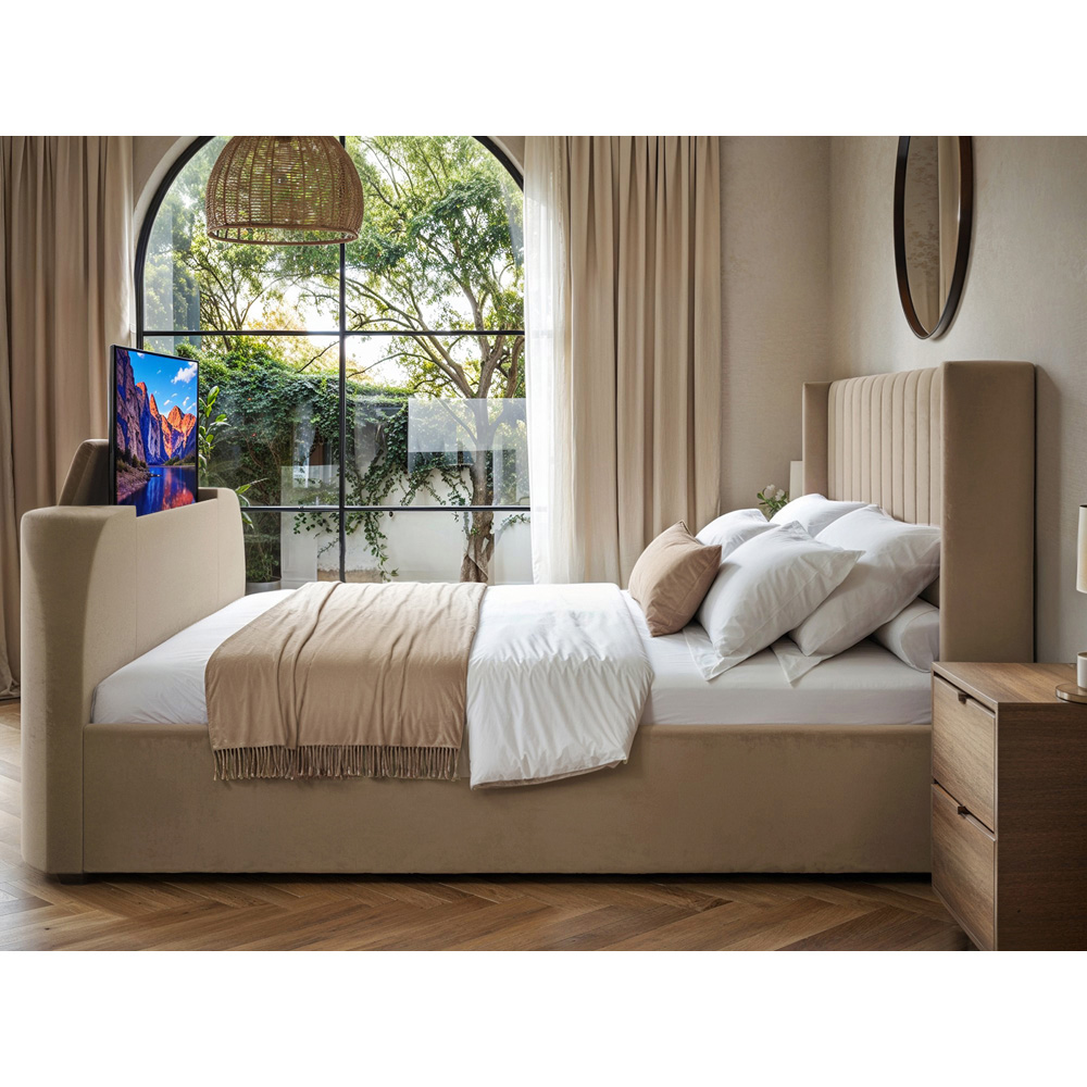 Flair Fallon Super King Size Beige Velvet TV Side Lift Ottoman Bed Image 6