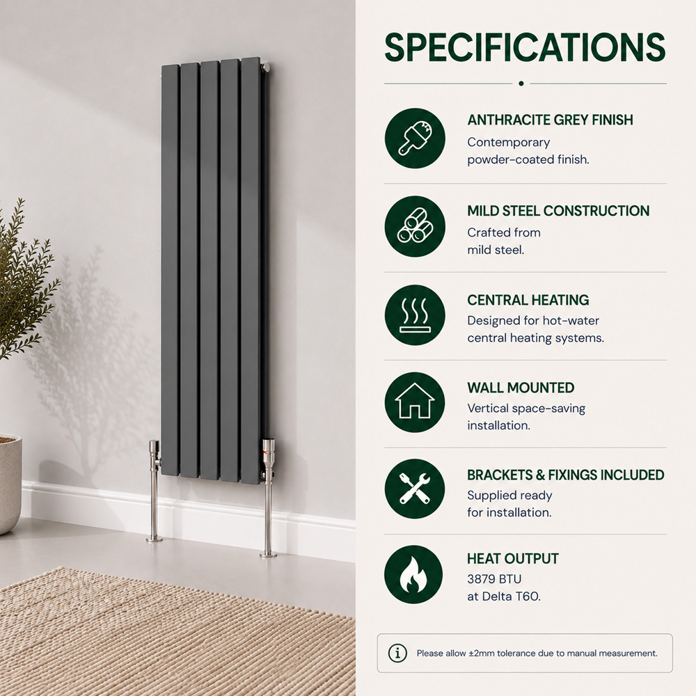 Go Bathrooms Perth Grey Double Panel Flat Vertical Radiator 1800 x 610mm Image 4