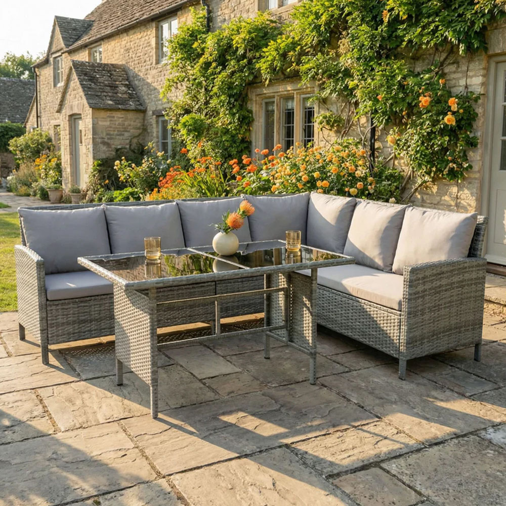 HGD Alia 6 Seater Grey Rattan Garden Corner Dining Sofa Set with Glass Table Image 1