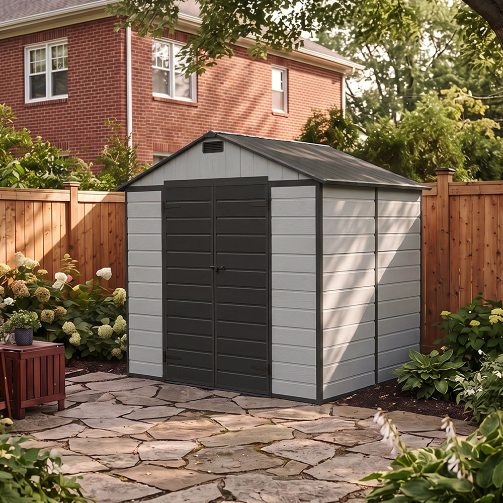 Living and Home 8 x 6ft Smokey Grey and Black Wood Grain Plastic Apex Storage Shed Image 8