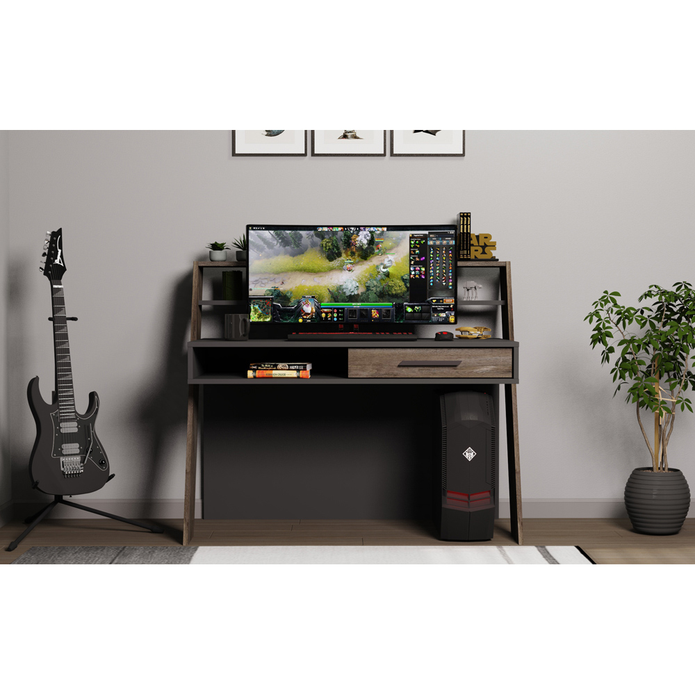 Decorotika Soho Single Drawer 5 Shelf Computer Desk Anthracite Wenge Image 4