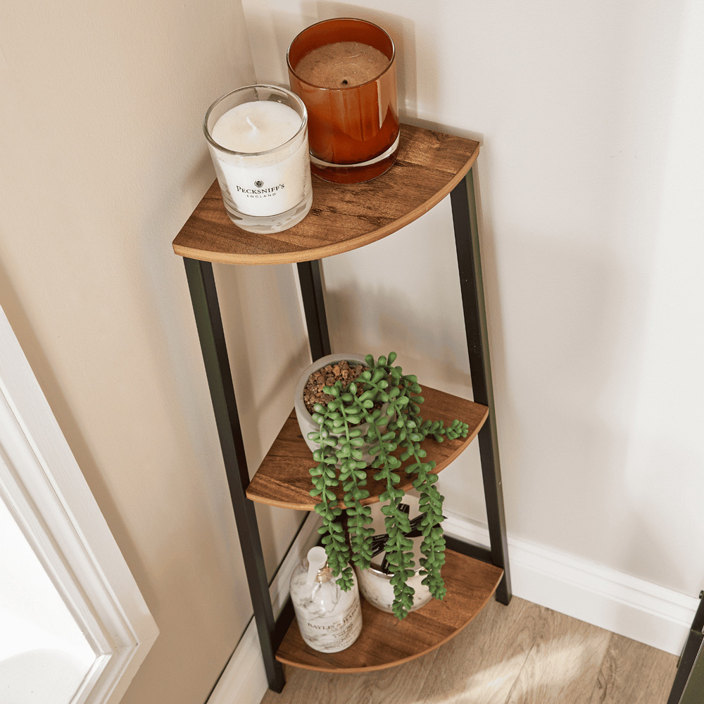 Home Source Locastra 3 Shelf Oak and Black Corner Bathroom Storage Unit Image 4