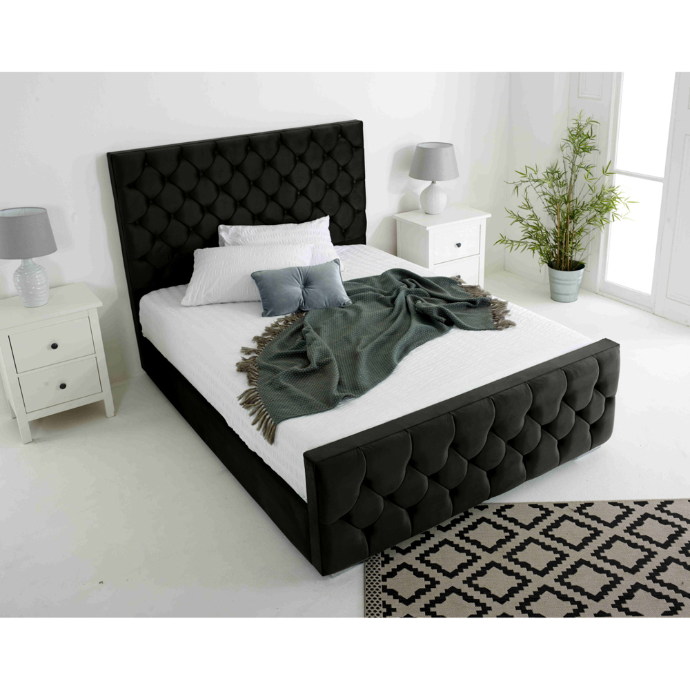Eleganza Maya Small Double Black Plush Velvet Bed Frame with Chesterfield Headboard Image 3