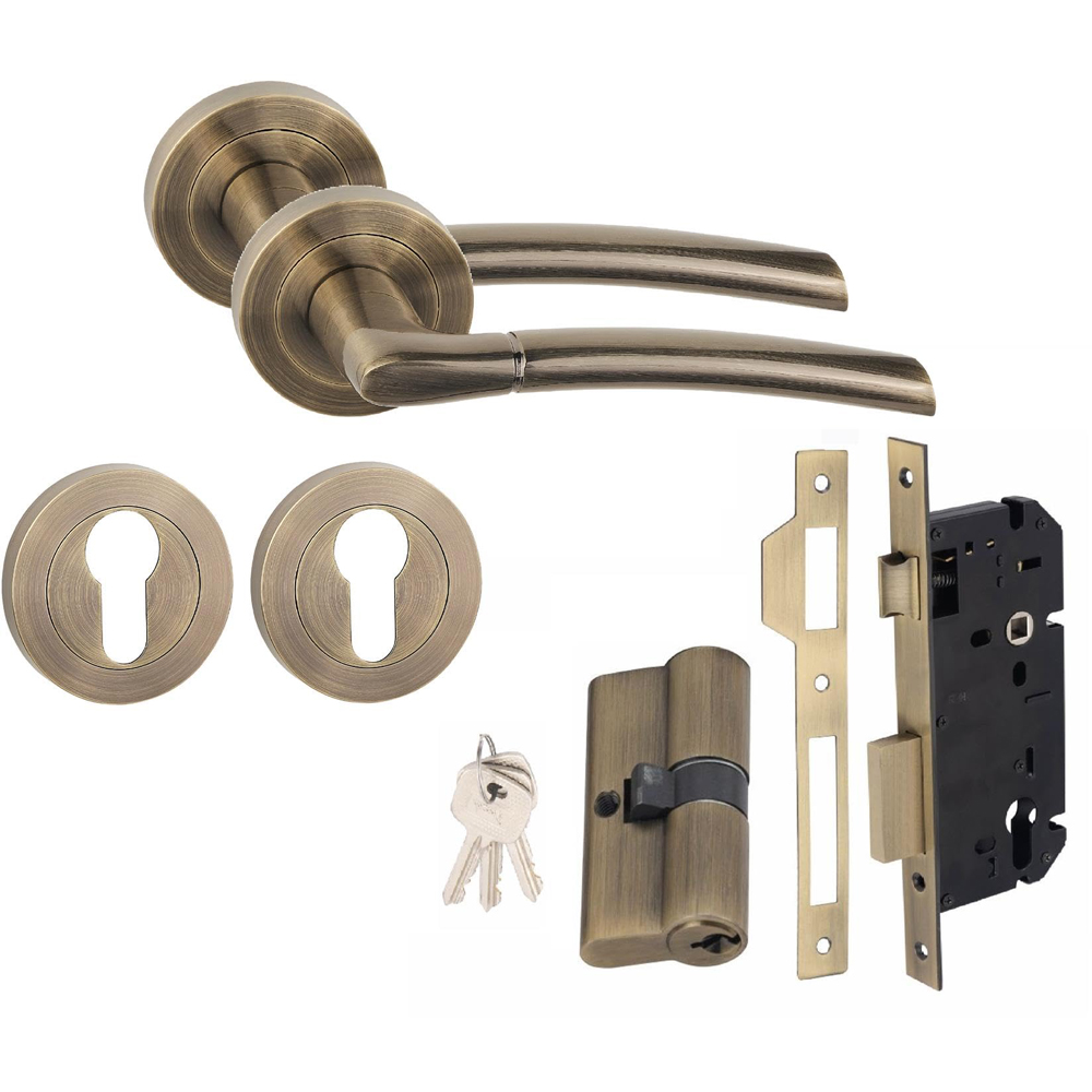 Golden Grace Indiana Antique Brass Door Handle Pair with Euro Lock Image 1
