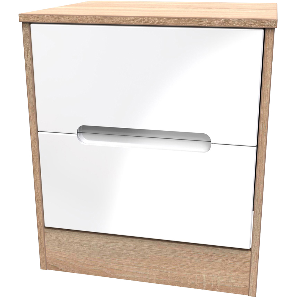 Crowndale Monaco 2 Drawer White Gloss and Bardolino Oak Compact Bedside Cabinet Ready Assembled Image 3