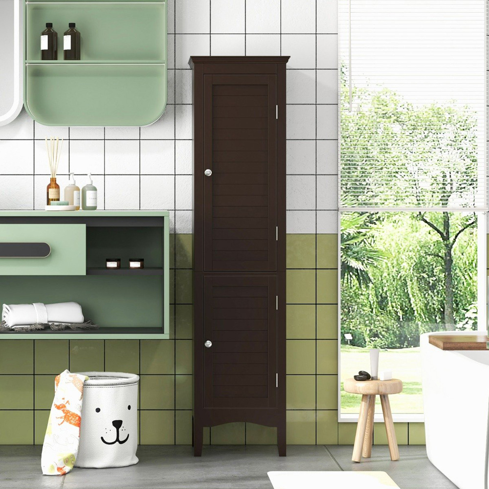 Costway 2 Door Dark Brown Tall Narrow Bathroom Cabinet Image 5