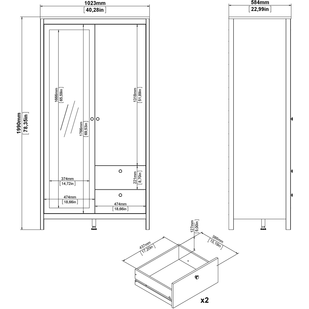 Florence Barcelona 2 Door 2 Drawer White Mirrored Wardrobe Image 8