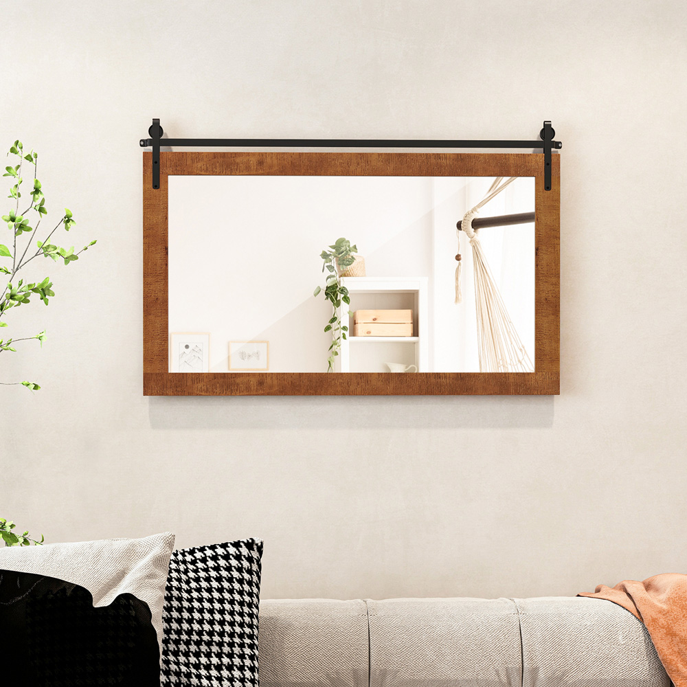 Costway Brown Fir Wood Frame Farmhouse Wall Mirror 66 x 100cm Image 4