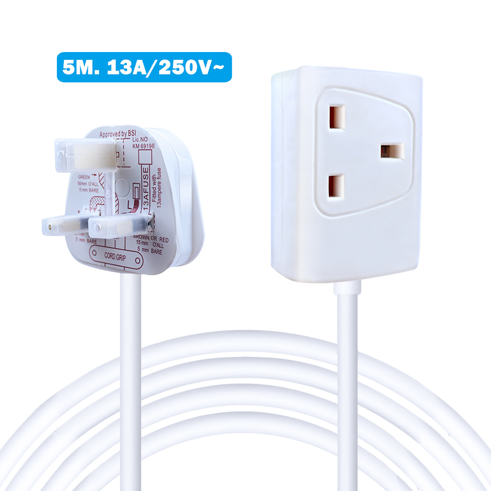 ExtraStar 13A 5m Single Socket White Extension Lead with Cable Image 1