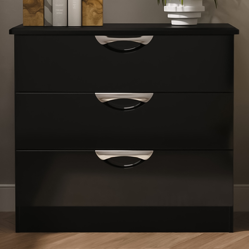 Crowndale Camden 3 Drawer Black Gloss and Black Chest of Drawers Ready Assembled Image 1
