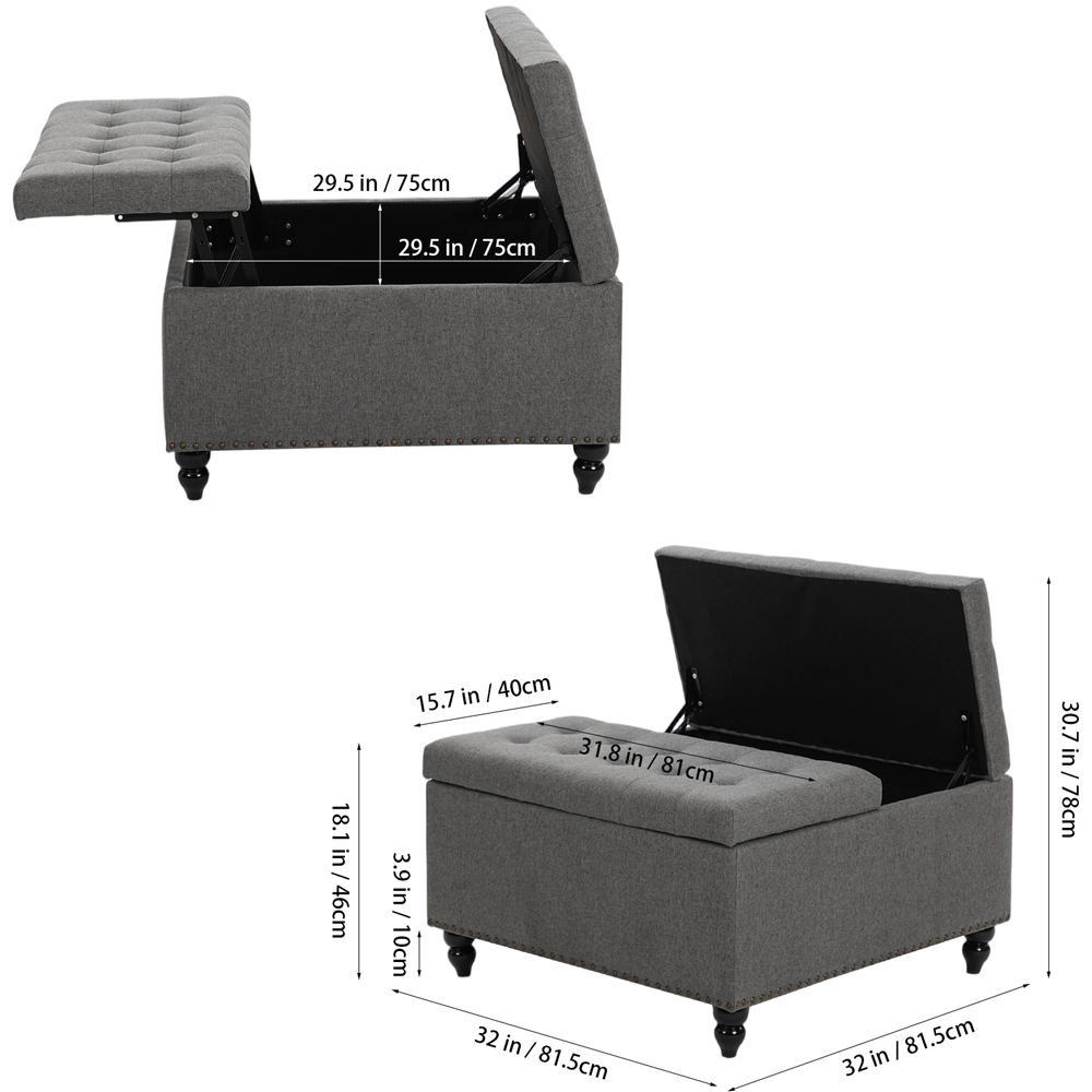 Living and Home Grey Square Linen Upholstered Lift Top and Flip Storage Ottoman Image 9