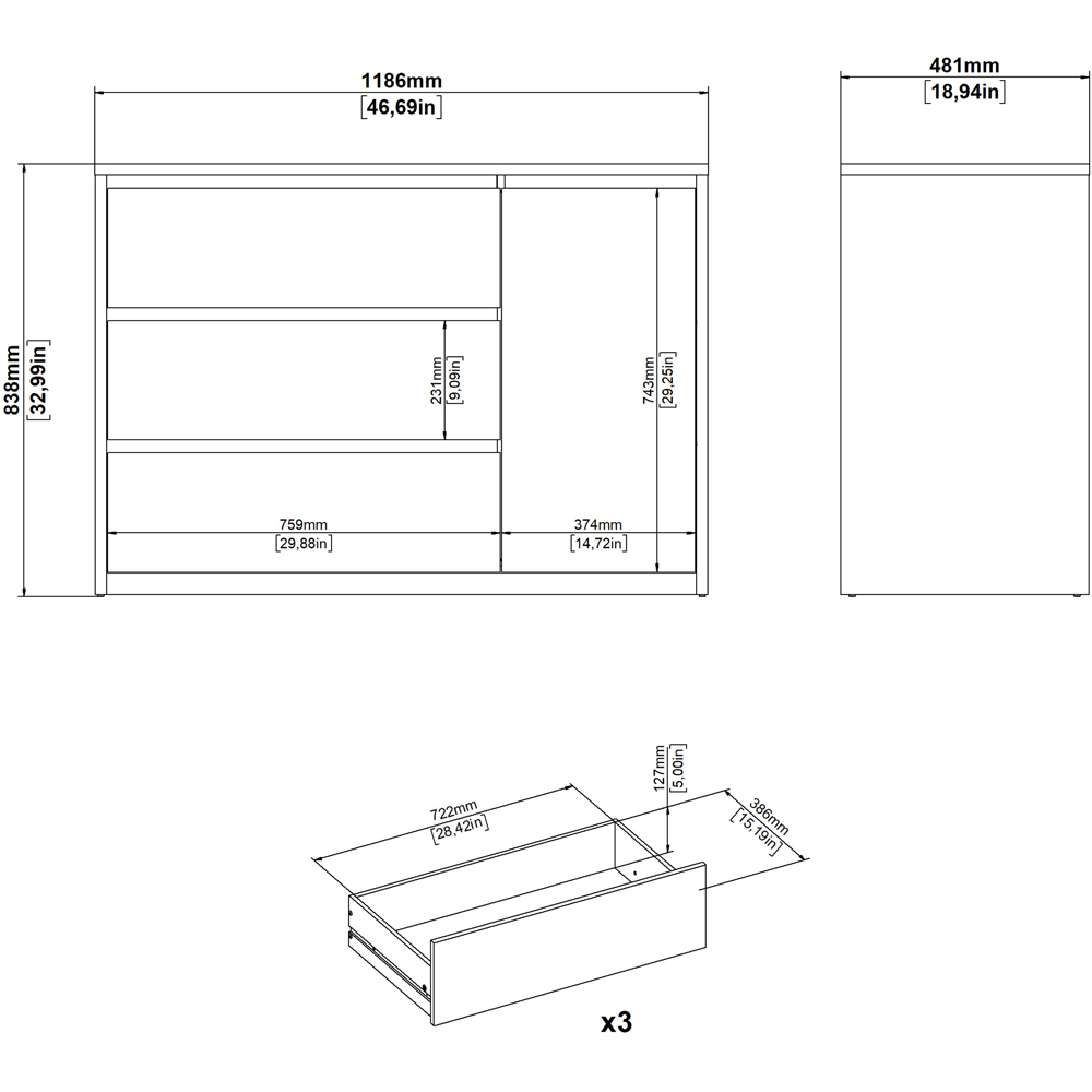 Florence Next Single Door 3 Drawer Jackson Hickory White High Gloss Sideboard Image 7