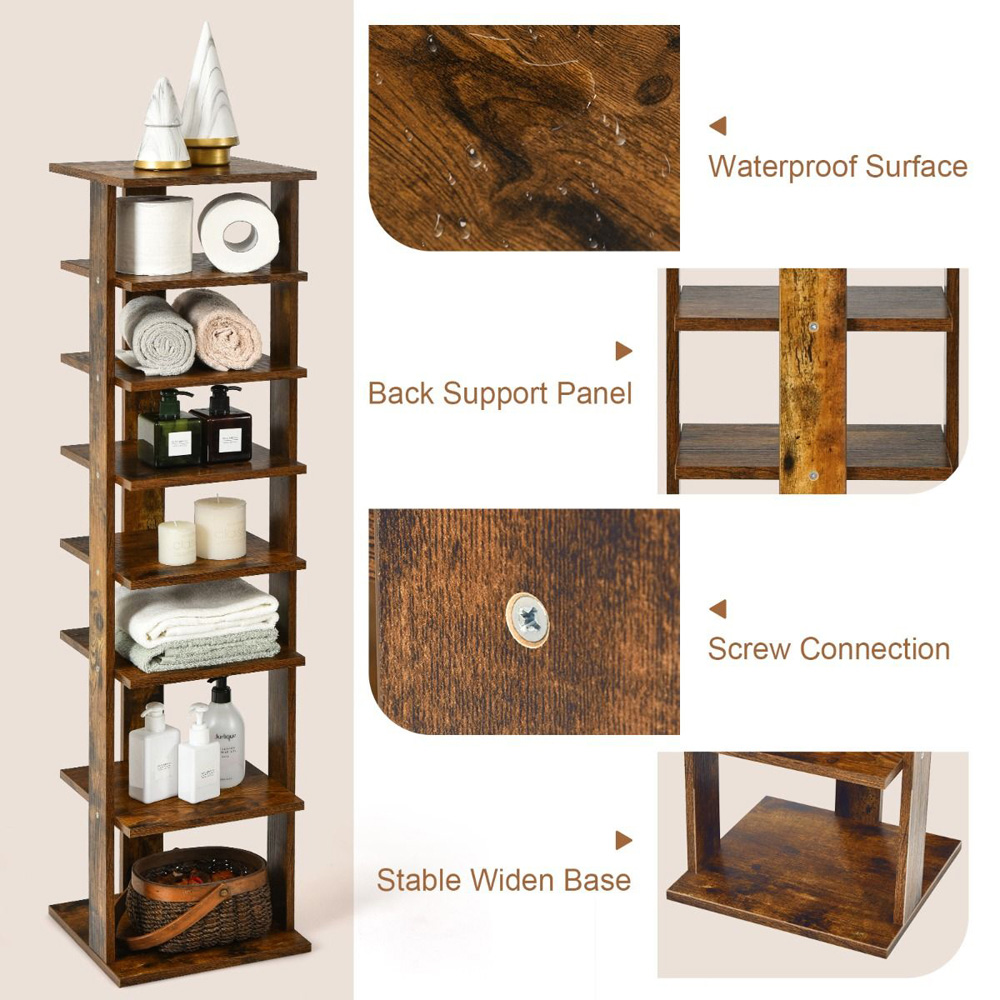 Costway 7 Shelf Brown Wooden Vertical Shoe Rack Image 4