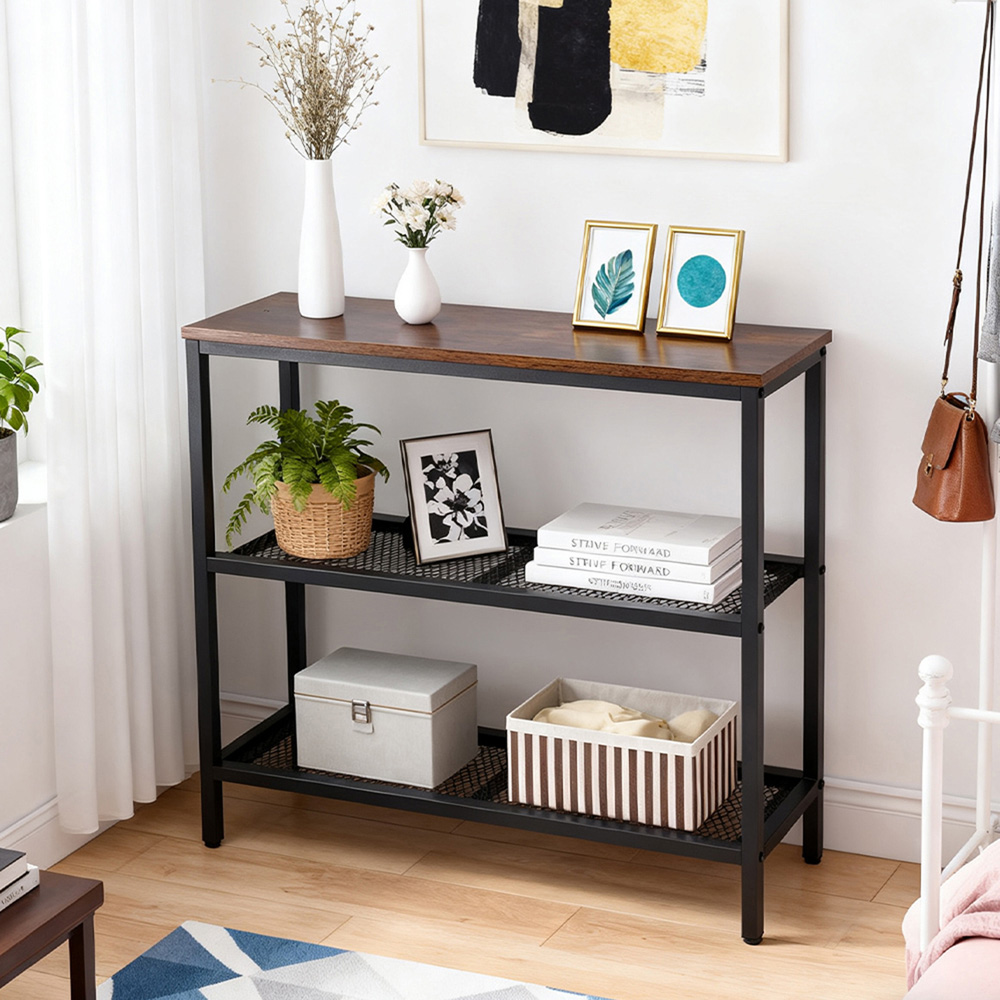Living and Home 2 Shelf Brown Wood Grain Metal Frame Console Table Image 8