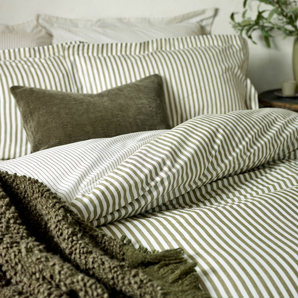 Yard Hebden Single Melange Stripe Cotton Olive Duvet Set Image 2