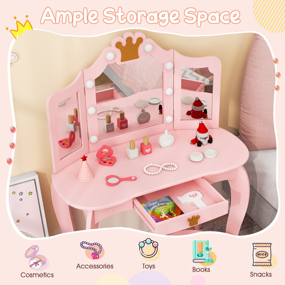 Costway Pink Kids Vanity Set with Lighted Mirror and Stool Image 7