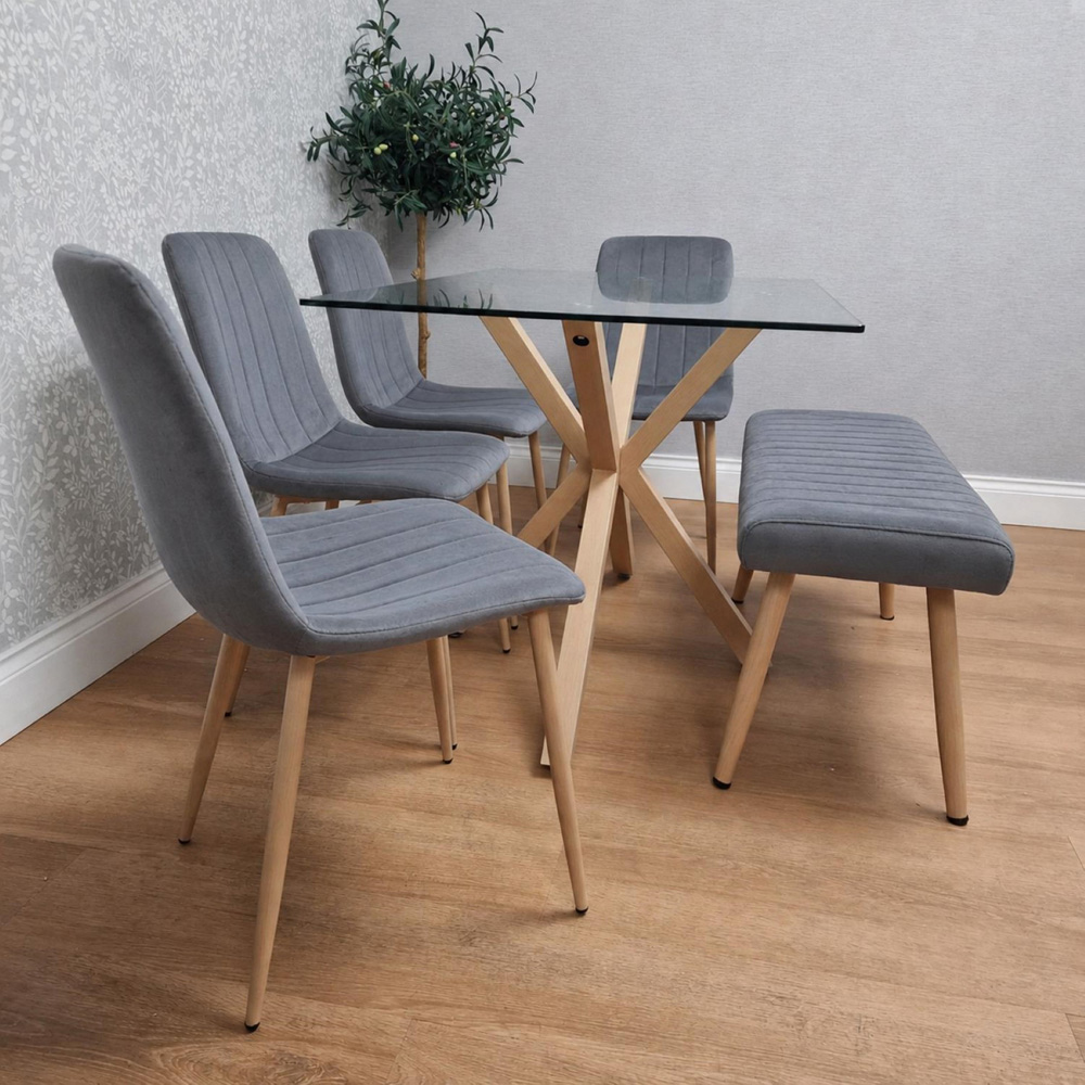 Kosy Koala 6 Seater Tempered Glass Velvet Dining Bench Set Grey Image 3