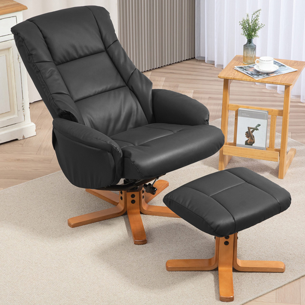 Portland Black PU Leather Wooden Base Recliner Armchair with Footstool Image 1