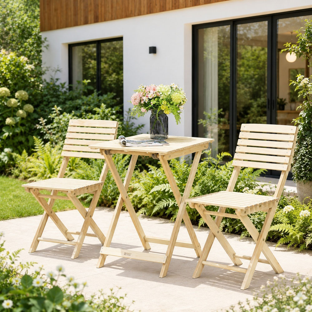 Direct Wicker 2 Seater Sanded Natural Finish Wooden Square Foldable Bistro Set Image 3