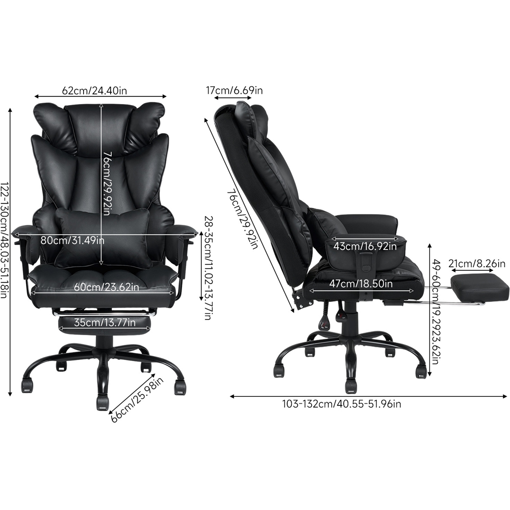 Living and Home Black Ergonomic Office Chair with Adjustable Armrests and Footrest Image 9