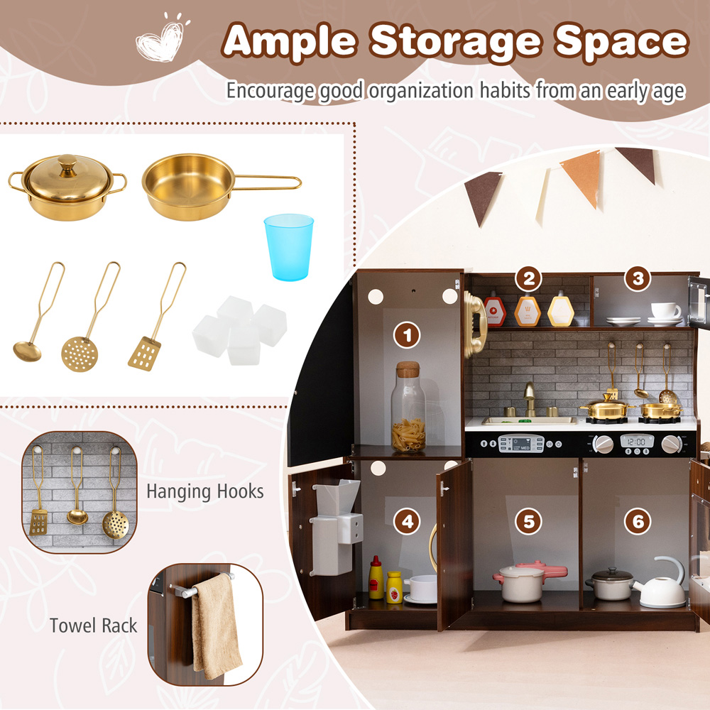 Costway Toddler Rustic Brown Kitchen Play Set with Simulated Sounds Image 5
