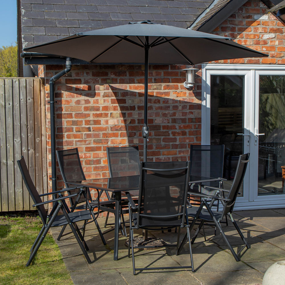 Samuel Alexander 6 Seater Rectangular Outdoor Dining Set with Grey Hanana Parasol and Base Image 1