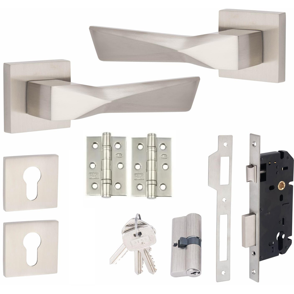 Golden Grace Satin Nickel Aura Euro Lock Door Handle Set Image 1