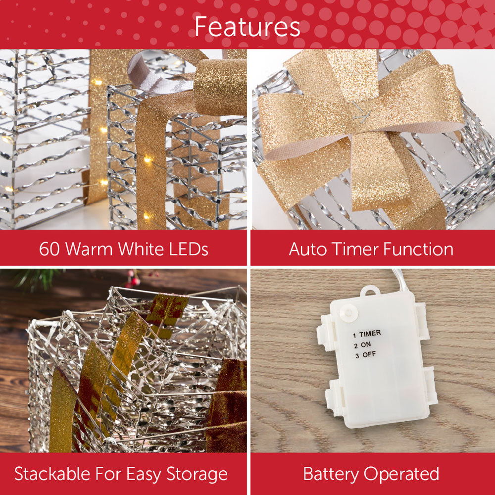 The Christmas Workshop 60 Warm White LED Silver Gift Box Decoration Set of 3 Image 8