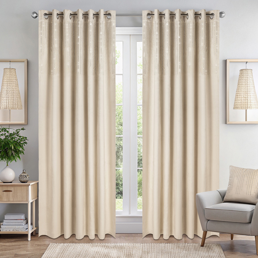 Alan Symonds Cream Cascading Diamante Studs Velvet Blackout Ring Top Eyelet Curtains 168 x 229cm Image 7