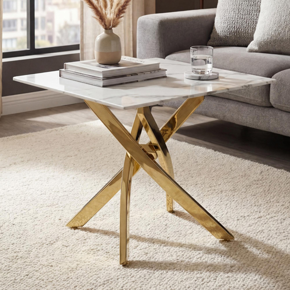 wilko Monaco Gold and White Marble Glass End Table Image 1