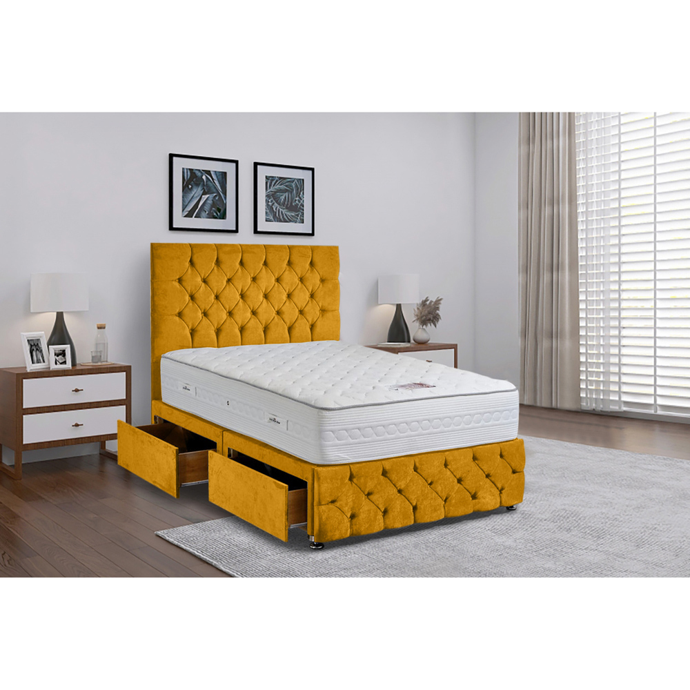 Eleganza Home Comfyzone Small Double Mustard Plush Velvet Divan Bed with Chesterfield Headboard Image 2
