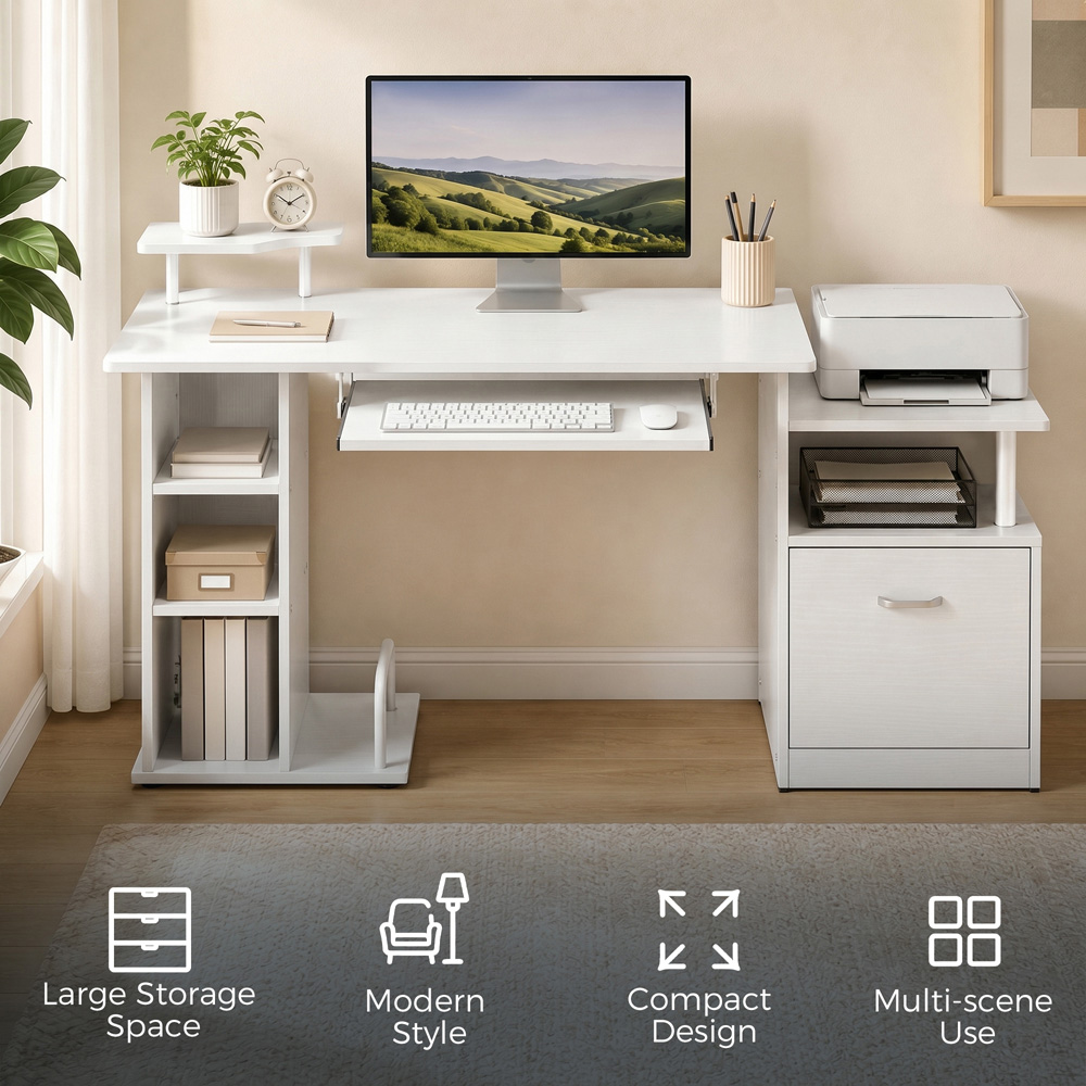 HOMCOM Single Drawer 8 Shelf Wooden Computer Desk with Keyboard Tray CPU Storage Rack White Image 7