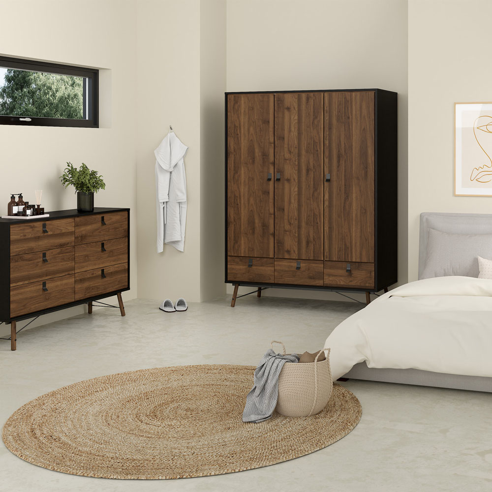 Florence Ry 3 Door 3 Drawer Matt Black and Walnut Wardrobe Image 6