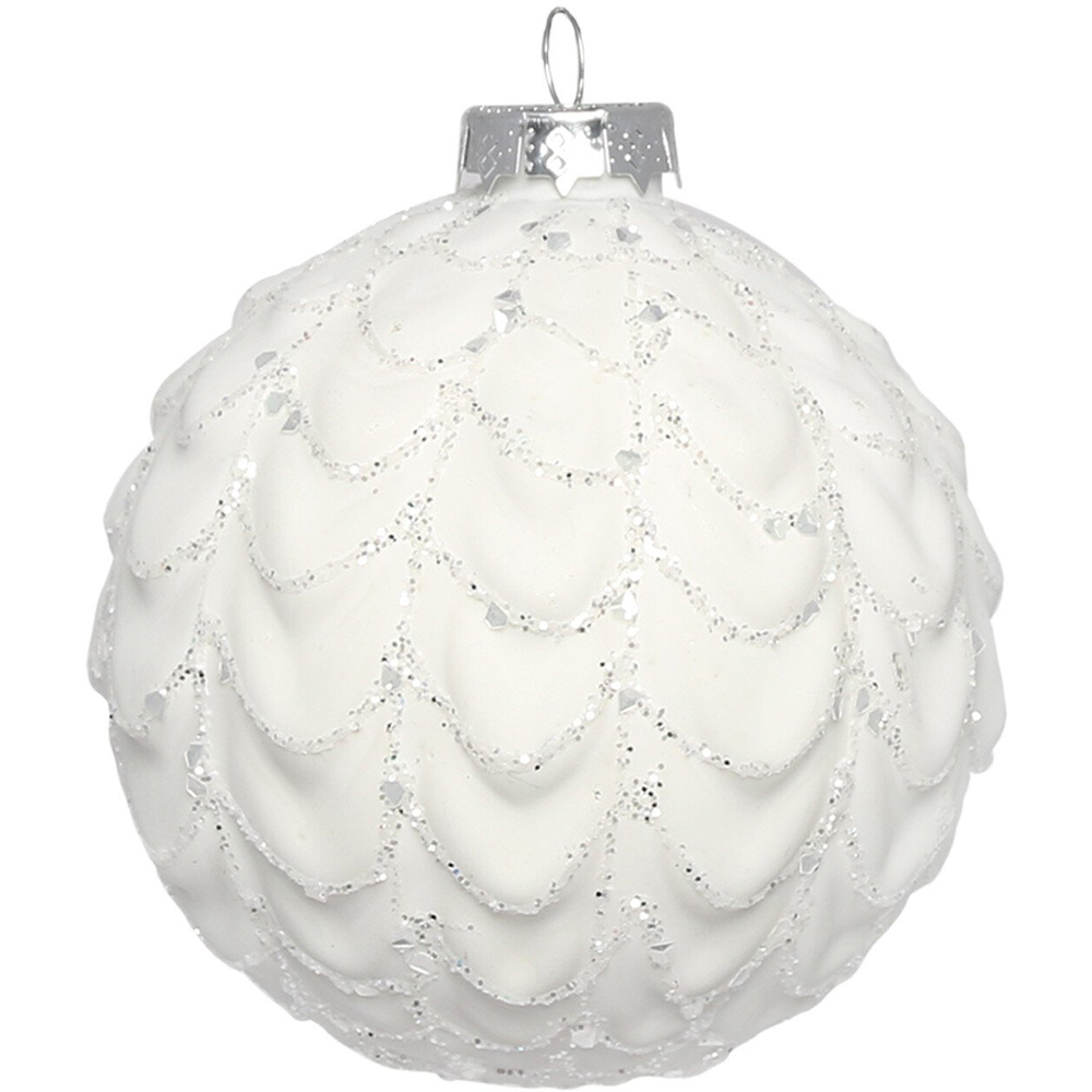 Alpine Lodge Matte White Glitter Ridged Bauble Image